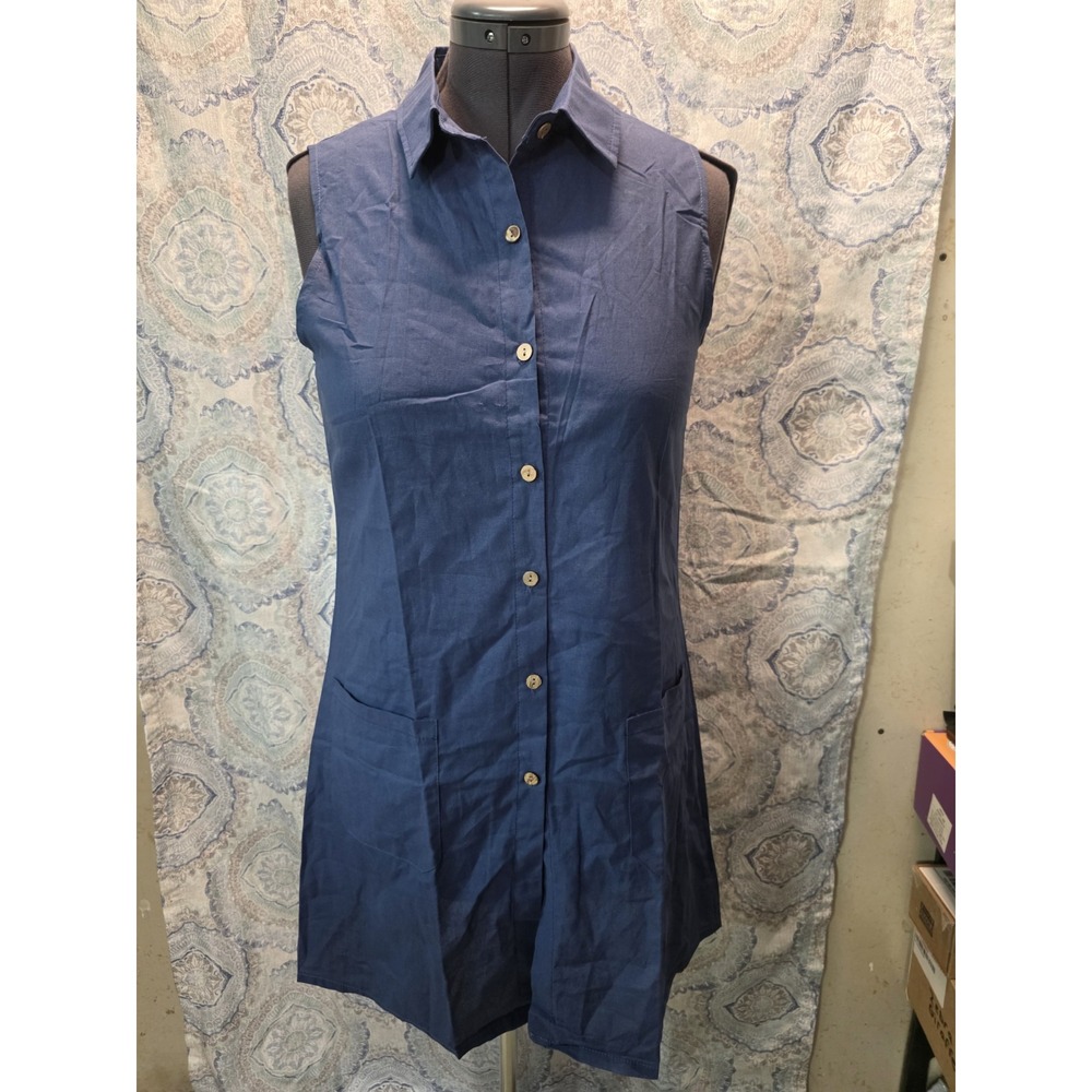 Blue Linen Button Up Collared Shirt Dress Size 2X With Pockets